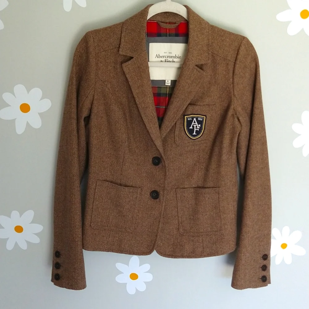 Vintage Brown Abercrombie Emblem Houndstooth Tartan Academia Blazer - Picture 1 of 10